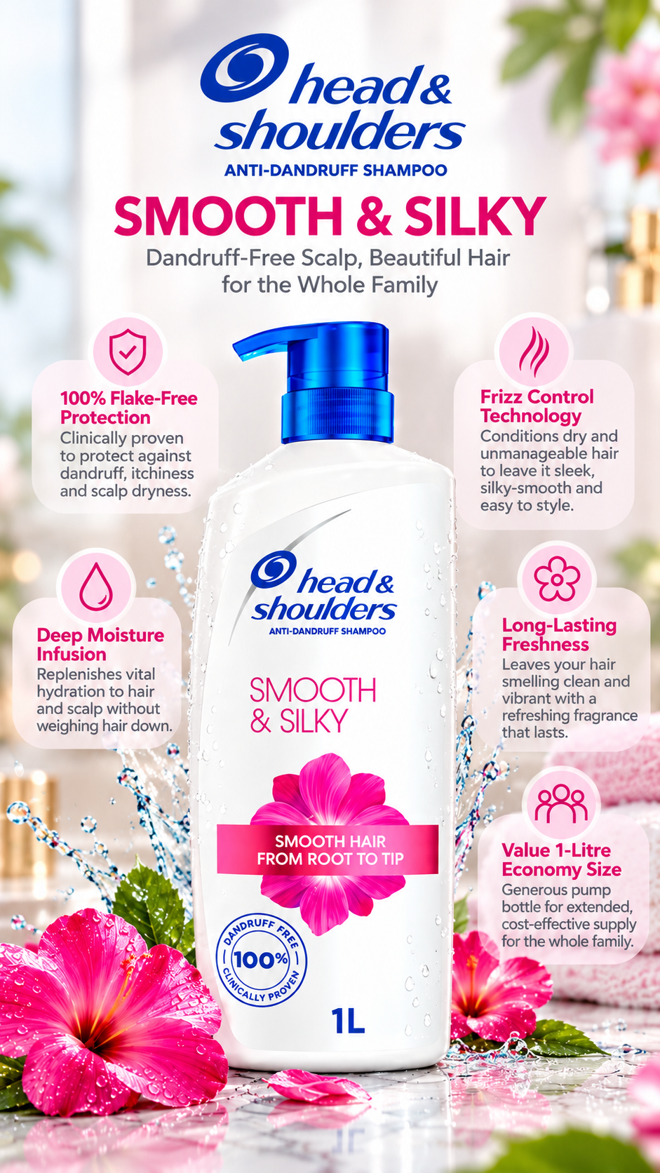 Head & Shoulders Smooth & Silky Moisture Shampoo - Value Pack (1000ml)