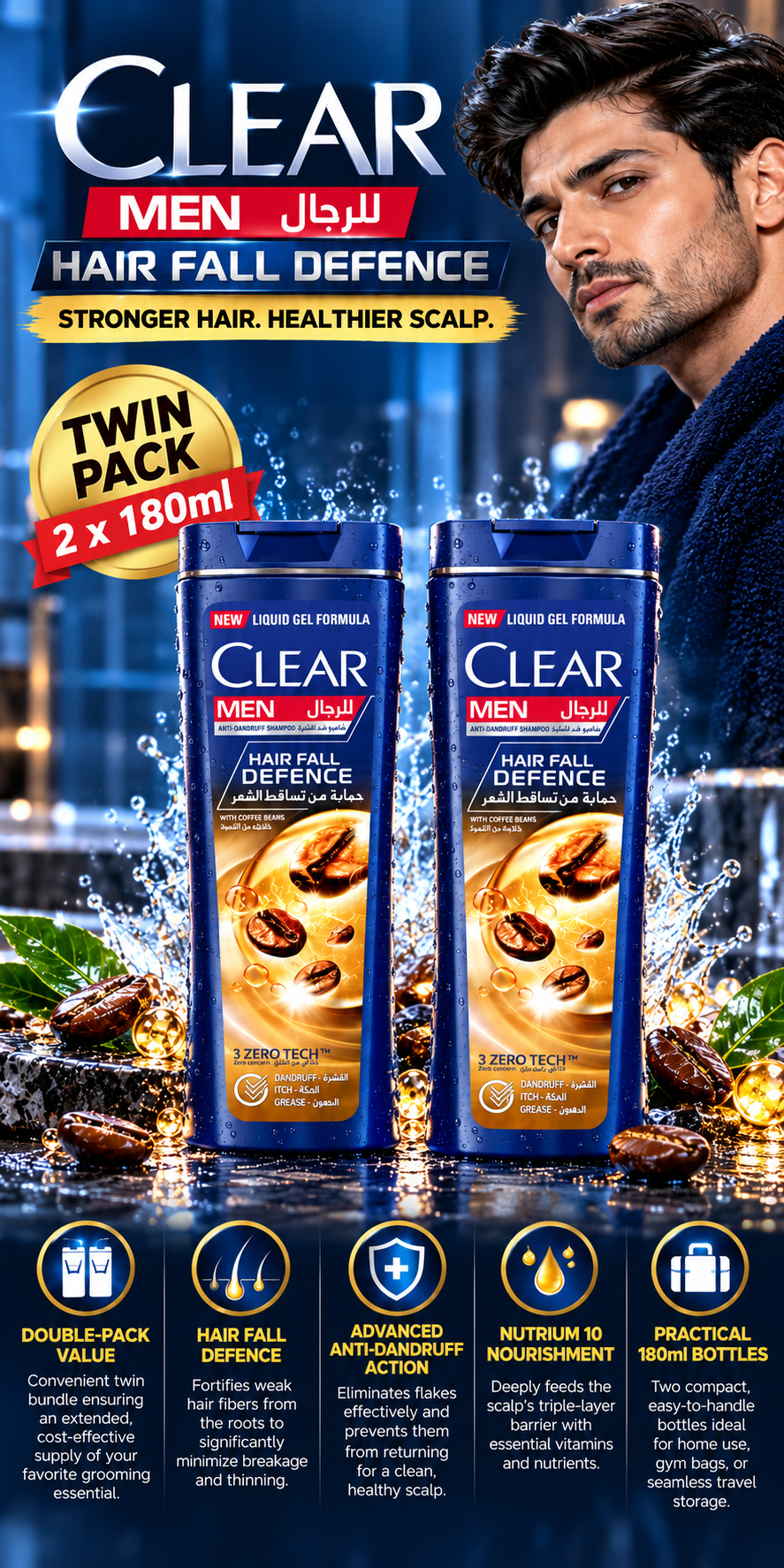 Clear Men Hair Fall Defence Anti-Dandruff Shampoo | Twin Pack (2 x 180ml)