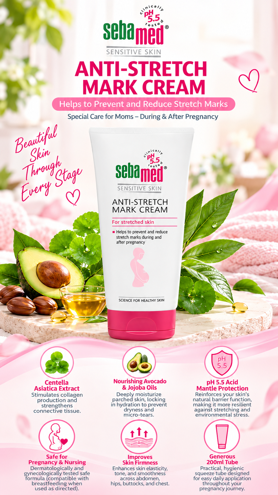 Sebamed Anti-Stretch Mark Cream with Centella Asiatica & Avocado Oil | 200ml