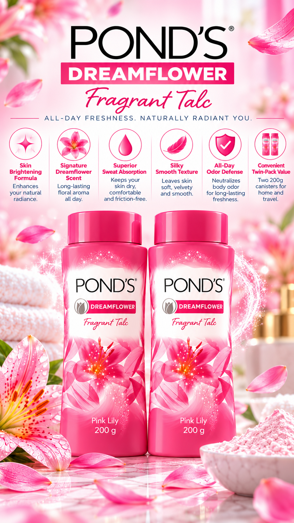 Pond's Soft Glow & Freshness Talc with Brightening Formula - 400g Total (2x200g)
