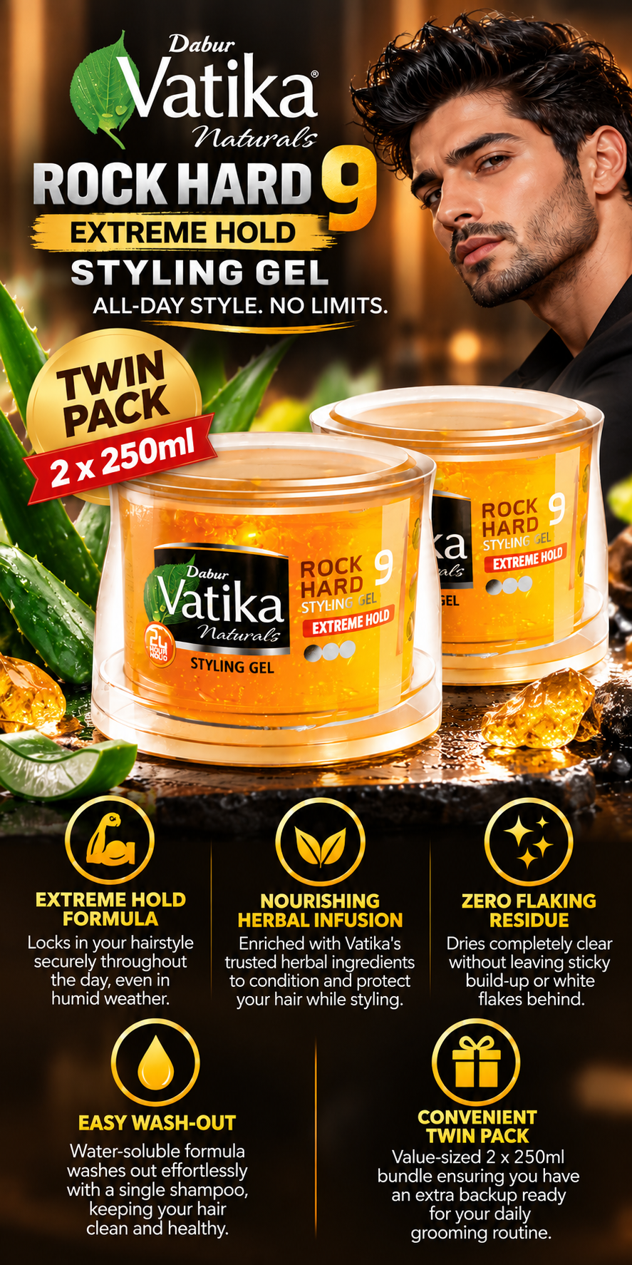 Dabur Vatika Extreme Hold Styling Hair Gel | Twin Pack (2 x 250ml)