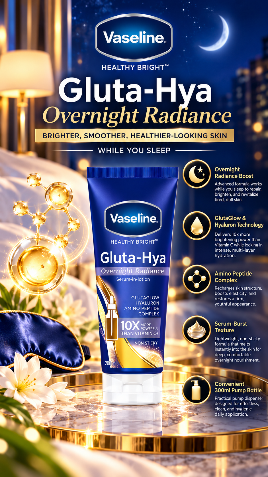 Vaseline Healthy Bright Gluta-Hya Night Repair Body Lotion - 300 ml