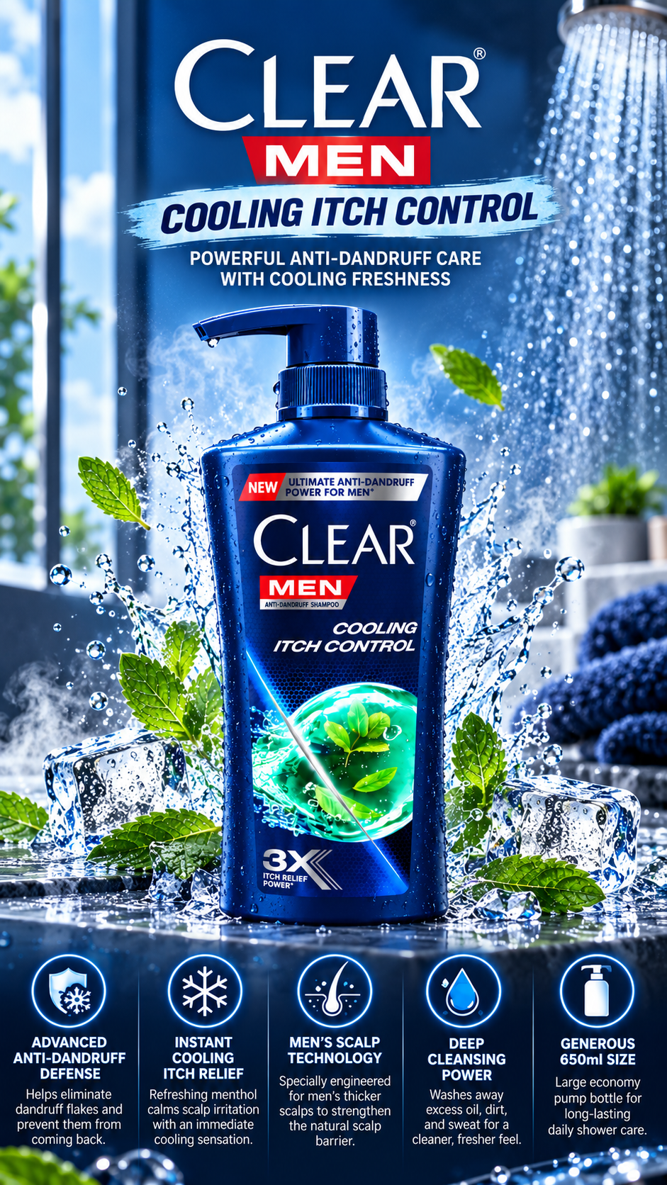 Clear Men Scalpcare Anti-Dandruff Shampoo - Cooling Itch Relief (650 ml)