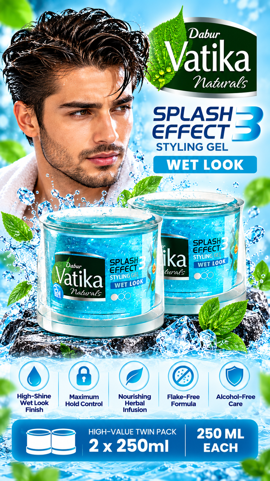 Dabur Vatika Wet Look Hair Styling Gel | Twin Value Pack (2 x 250ml)