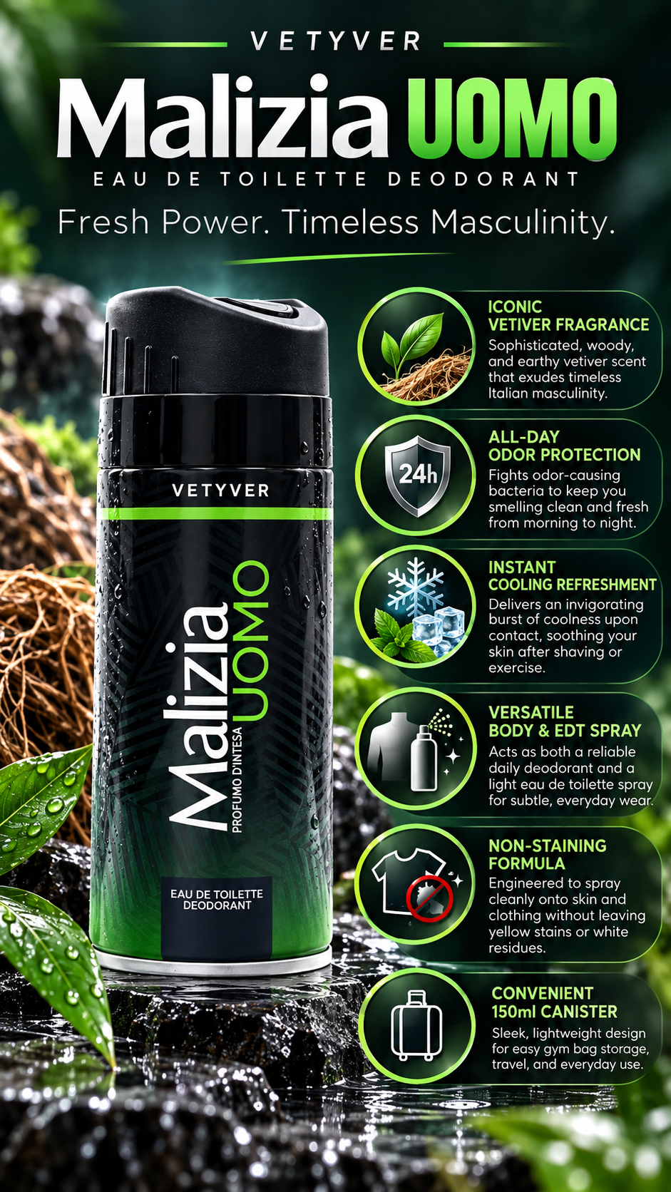 Malizia Uomo Classic Vetiver Fragrance Deodorant Body Spray - 150 ml