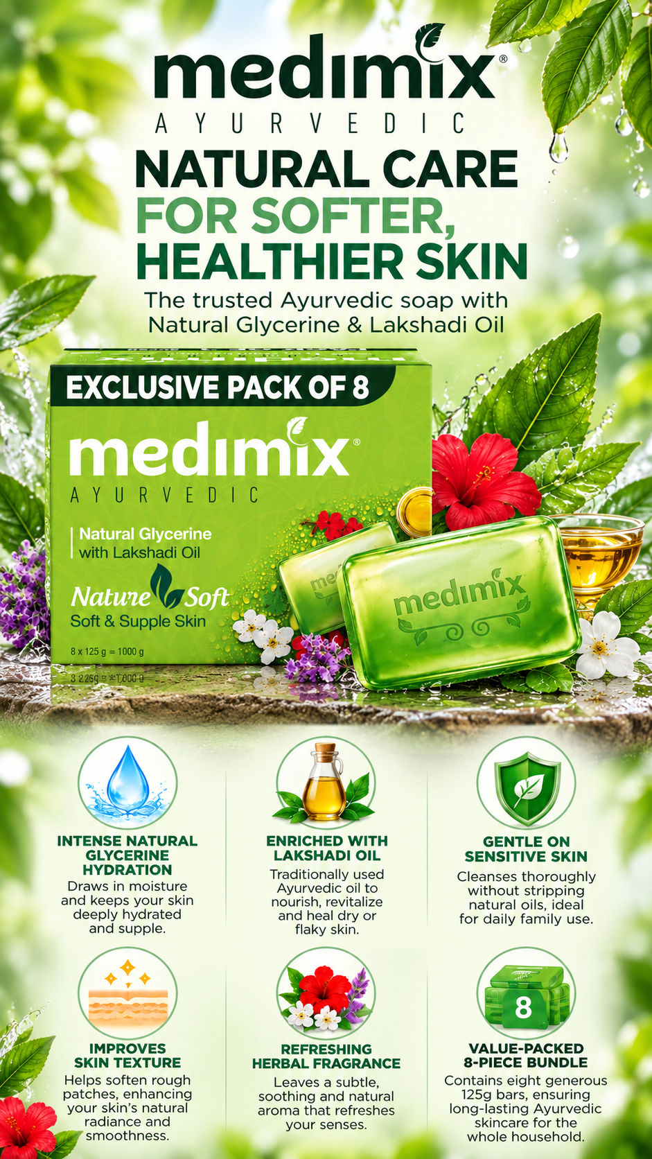 Medimix Ayurvedic Natural Glycerine & Lakshadi Oil Bathing Bar - 125g (Pack of 8)