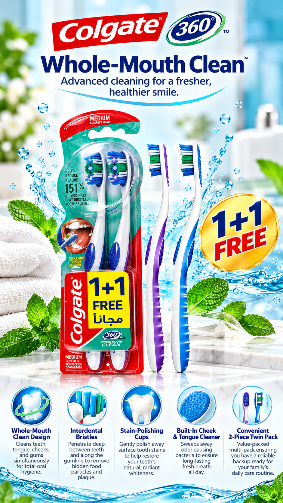Colgate 360 Degree Whole Mouth Clean Manual Toothbrush - Medium (2 Pack)