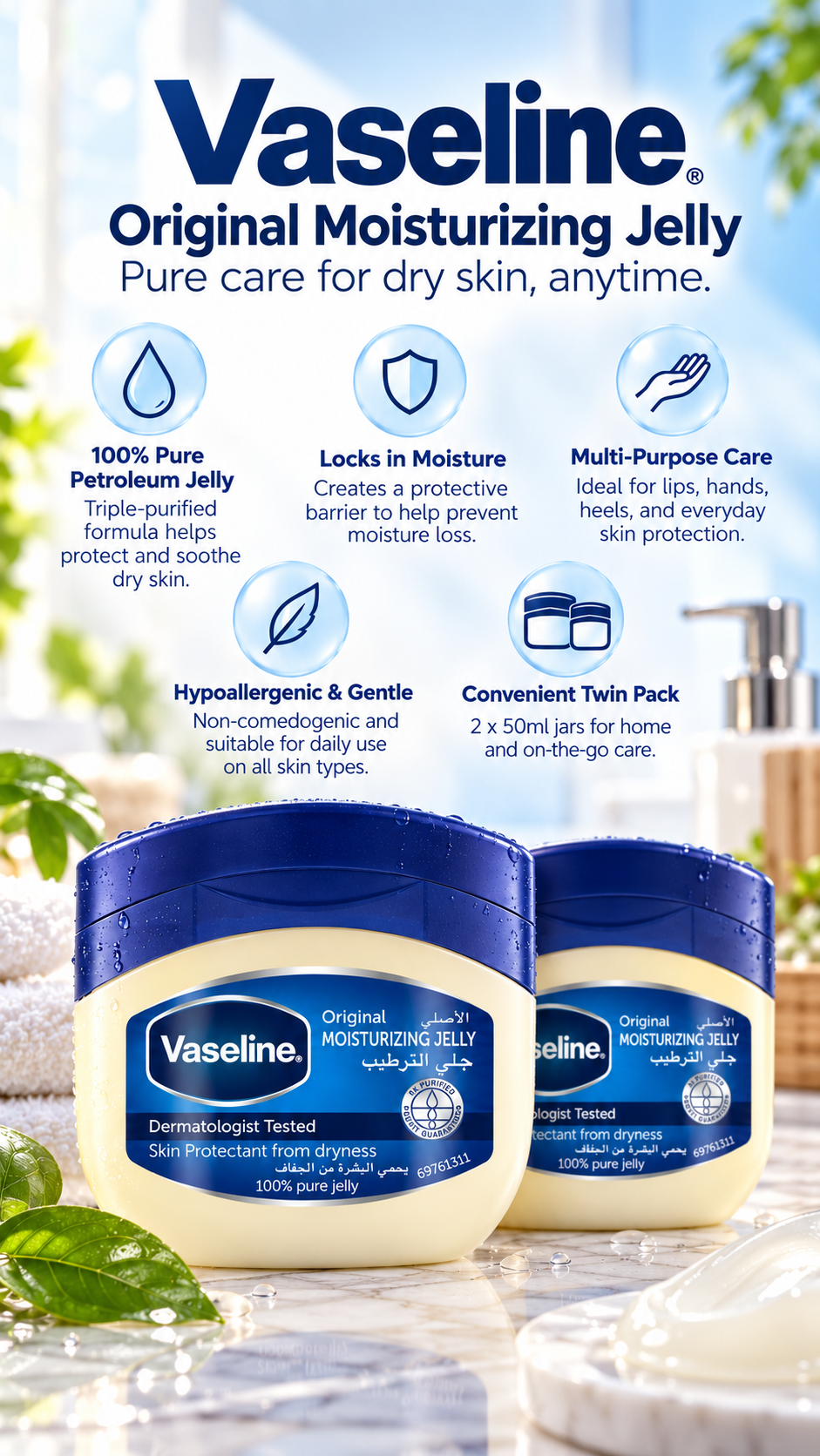 Vaseline 100% Pure Petroleum Jelly Duo - Original Skin Protection (2 x 50 ml)