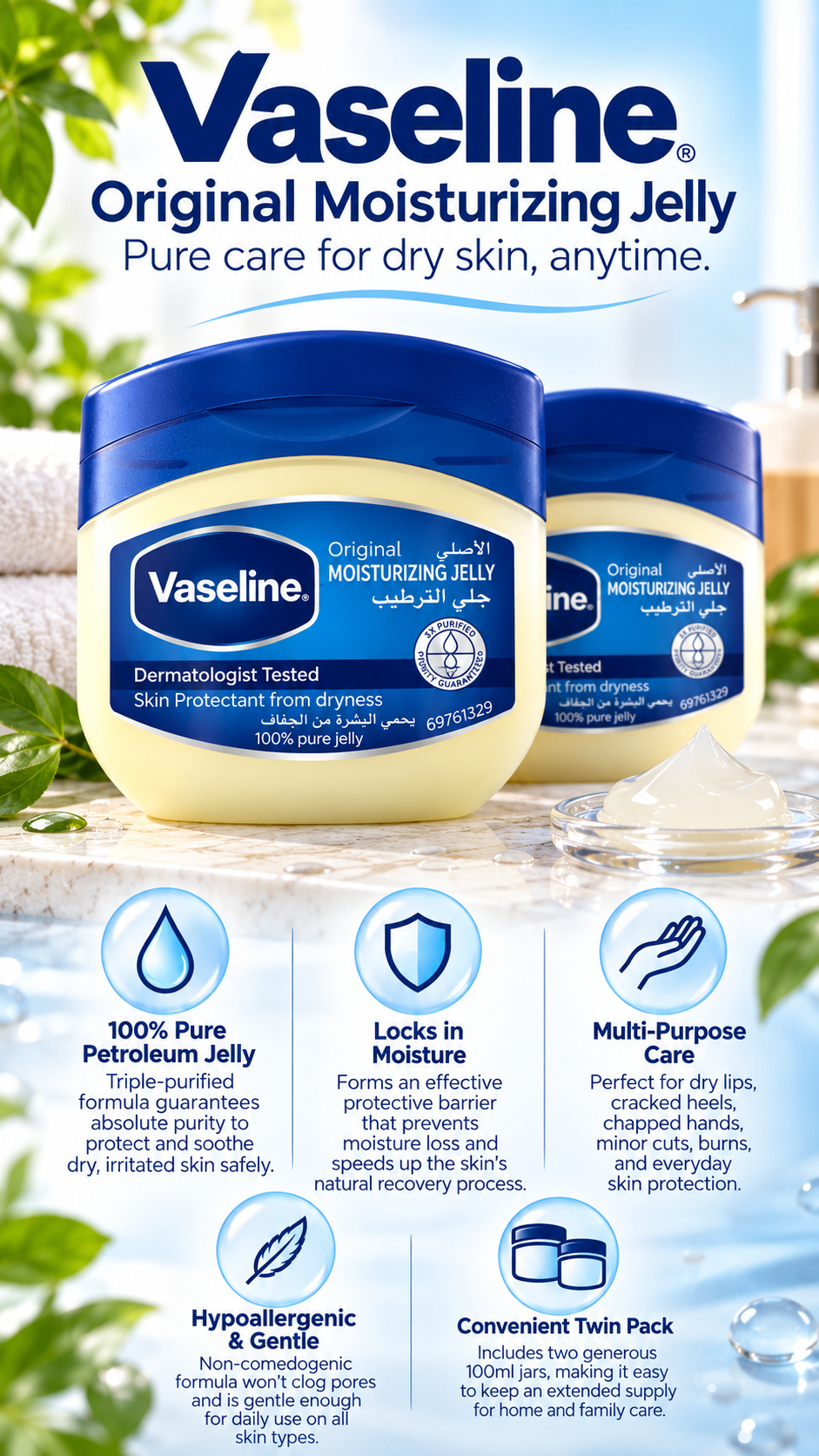 Vaseline Original Pure Petroleum Jelly | Skin Protectant & Healing Jelly | 100ml (Twin Pack)