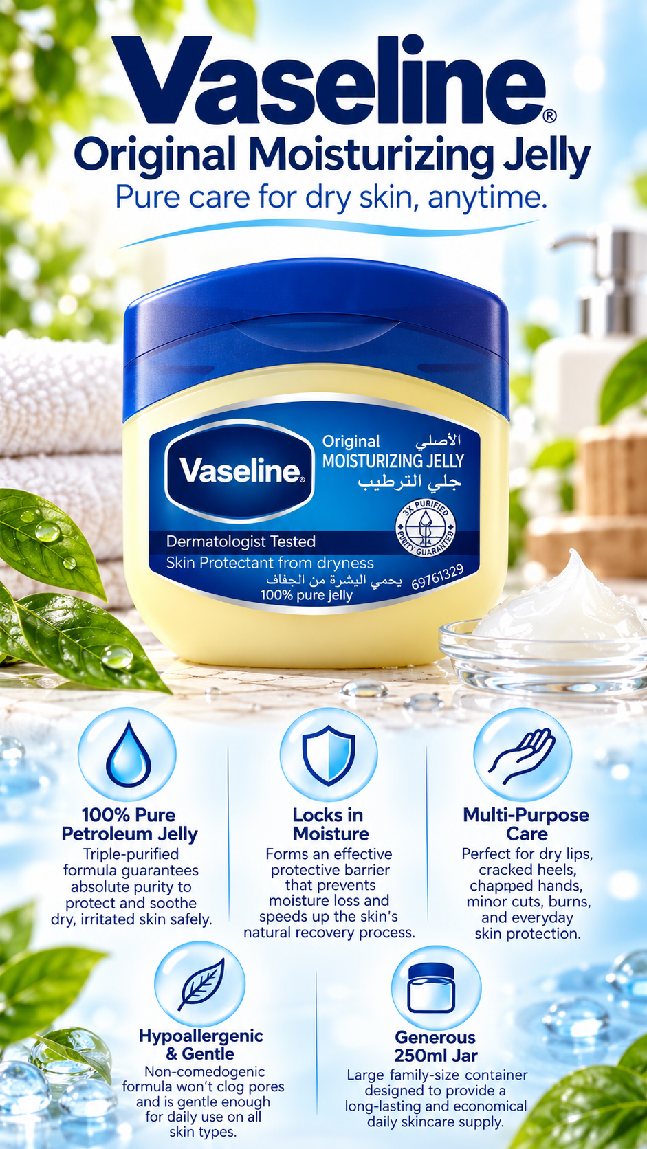 Vaseline Original Pure Petroleum Jelly | Skin Protectant & Healing Jelly | 250ml
