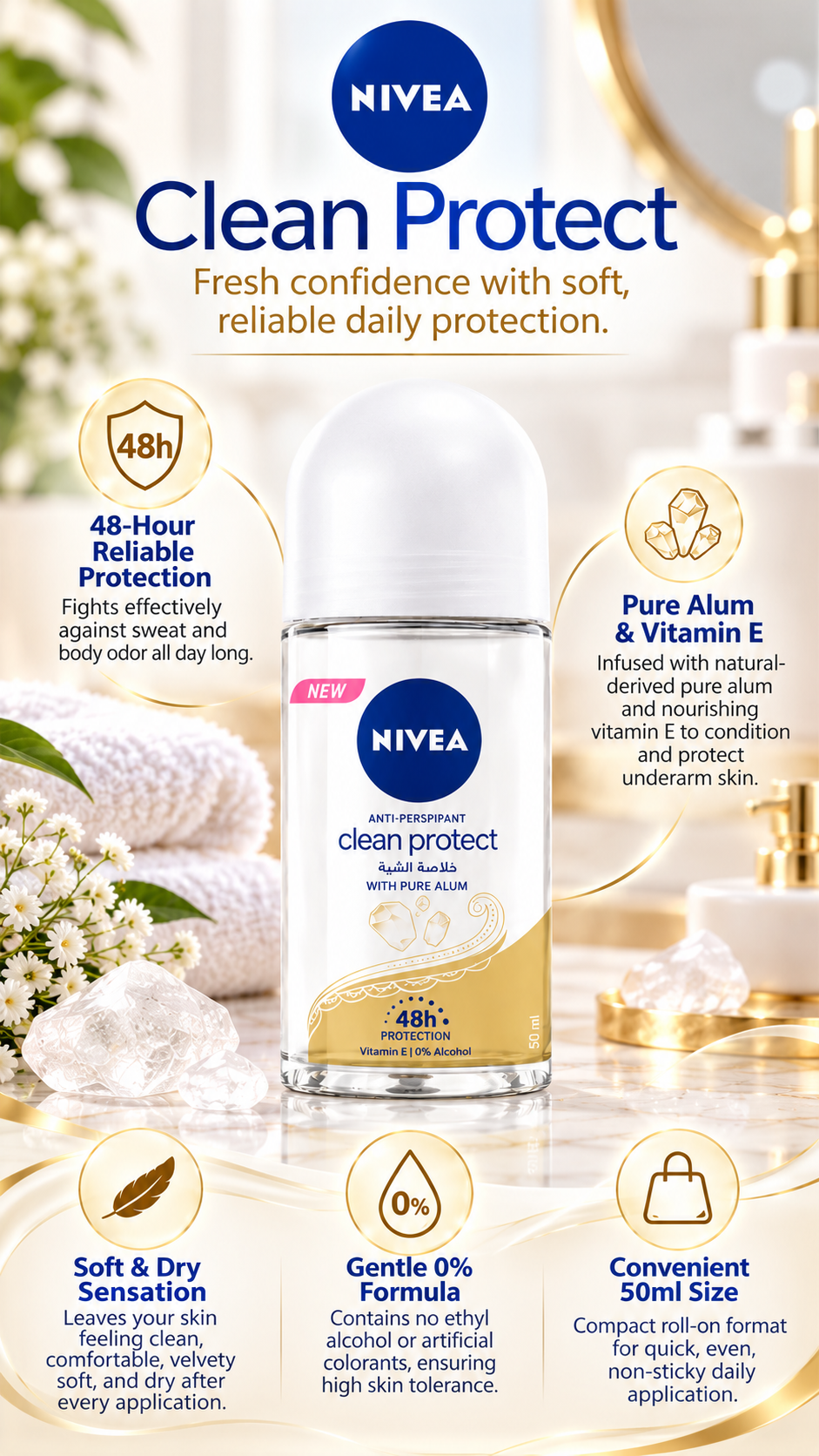 Nivea Women's Clean Protect Deodorant - 48H Long-Lasting Dryness (50 ml)