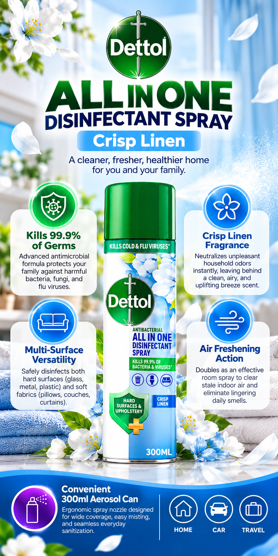 Dettol All-in-One Disinfectant Spray | Crisp Linen Scent | 300ml