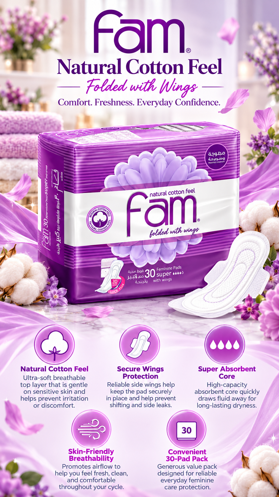 Fam Maxi Super Sanitary Pads | Natural Cotton Feel with Wings | 30 Count