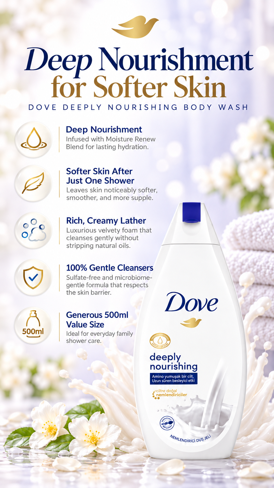 Dove Hydrating Body Wash - Deeply Nourishing Formula (500ml)