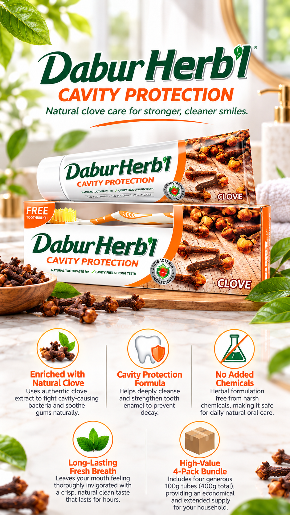 Dabur Herbal Clove Toothpaste | Cavity Protection | 4 x 100g (Pack of 4)