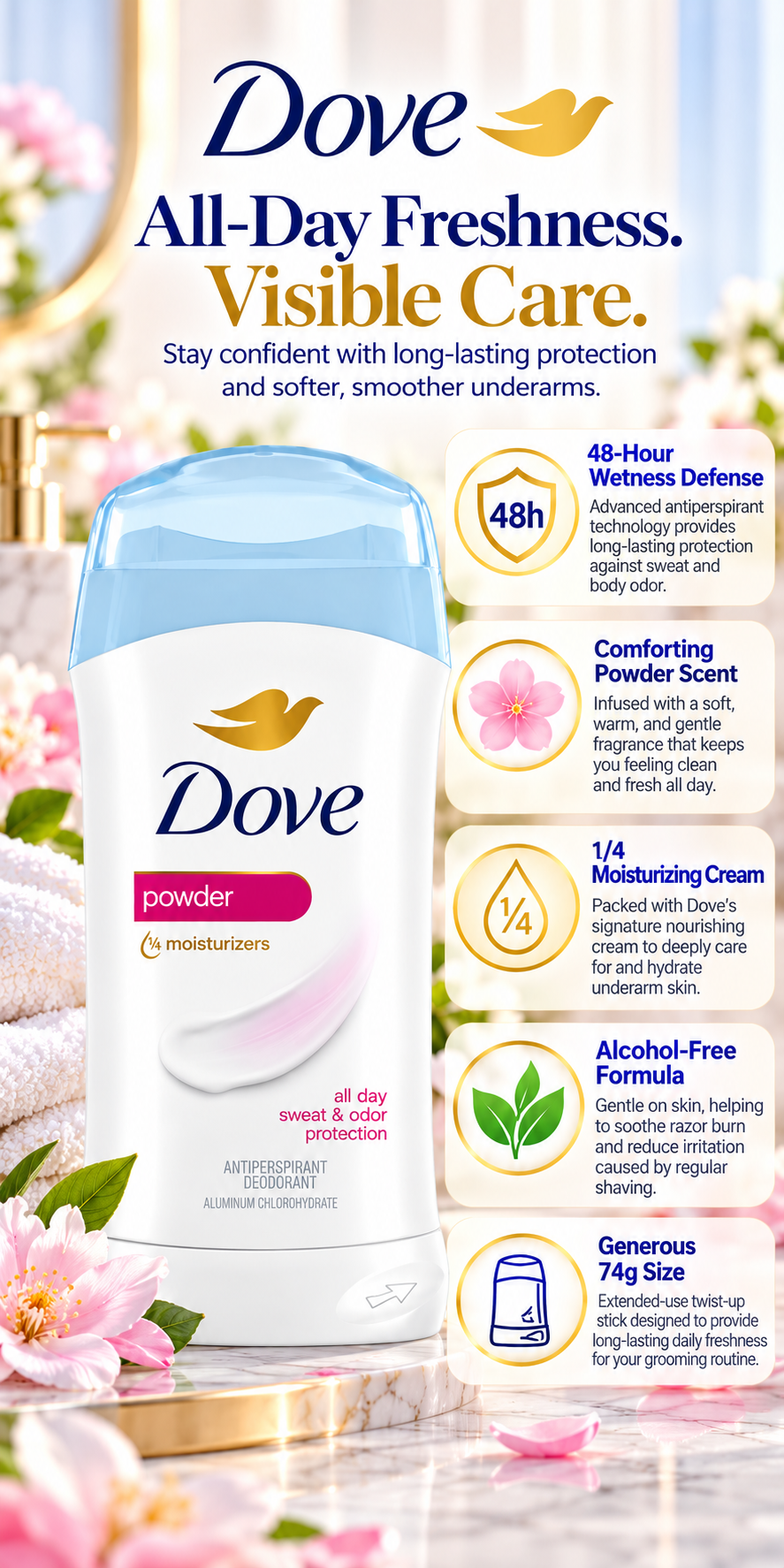 Dove Powder Soft Antiperspirant Deodorant Stick | 74g