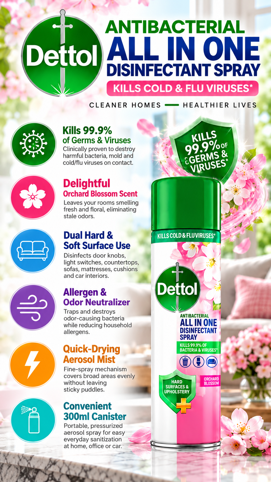Dettol All-in-One Disinfectant Surface Spray - Orchard Blossom | 300ml
