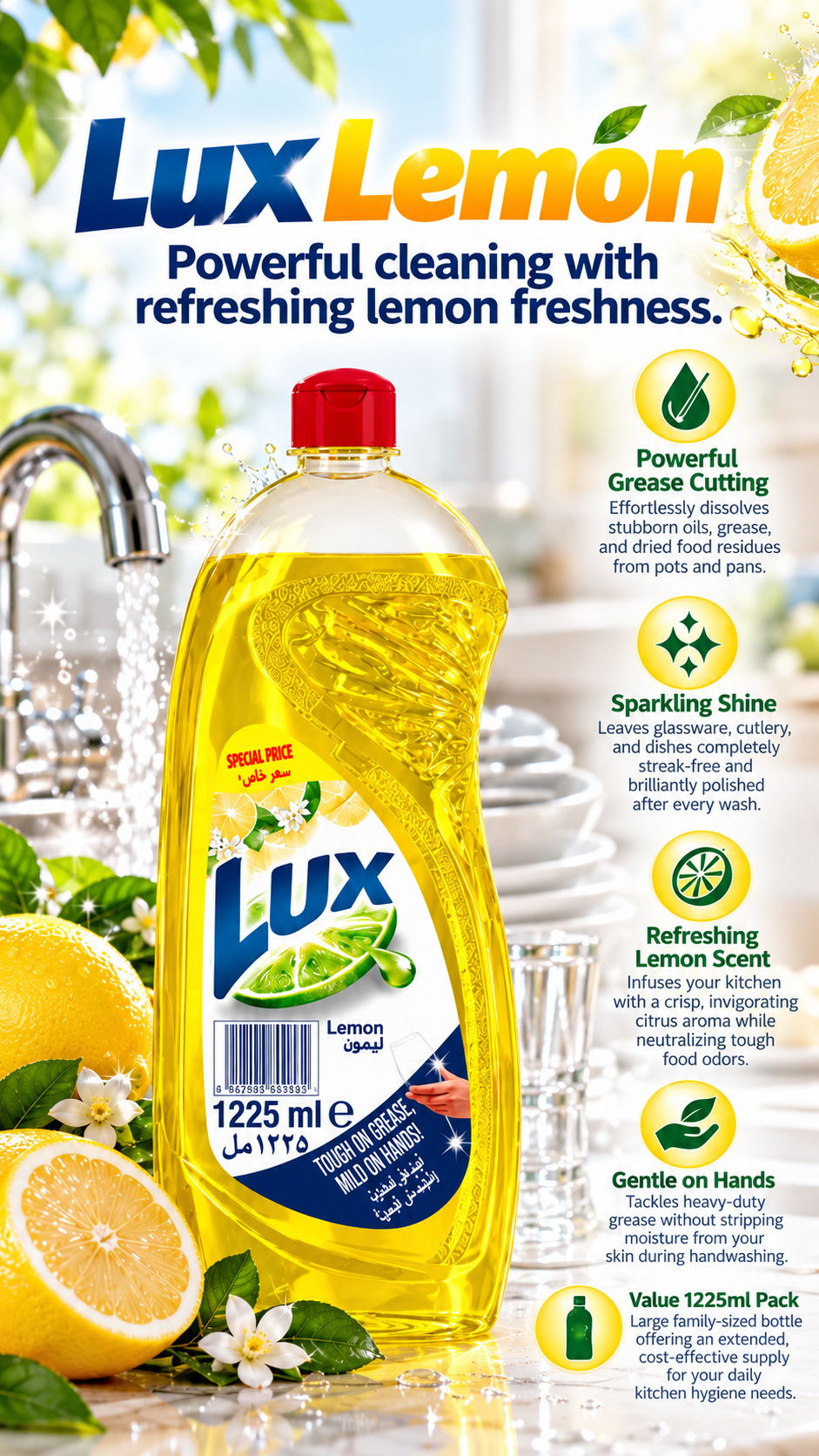 Lux Dishwashing Liquid | Lemon Fresh Scent | Value Pack 1225 ml