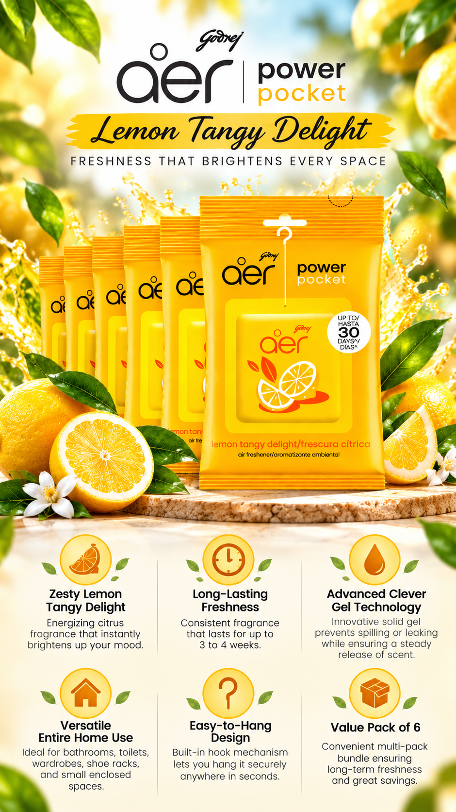Godrej Aer Long-Lasting Home & Bathroom Freshener - Lemon Scent (6-Pack)