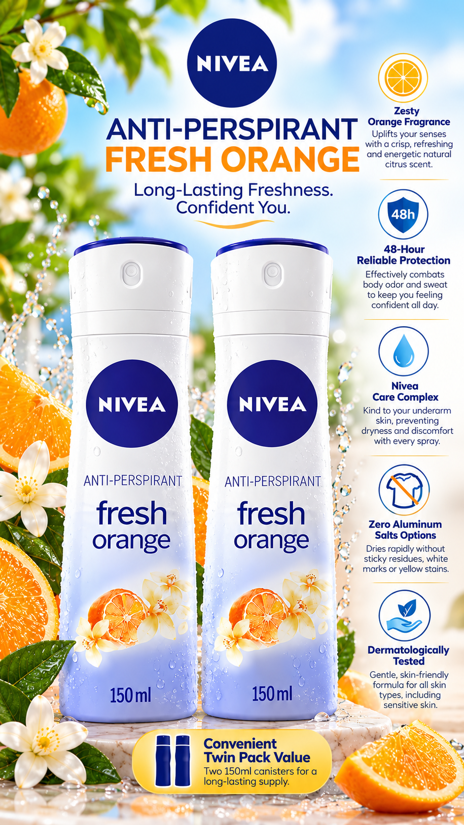 Nivea Fresh Natural Orange Long-Lasting Freshness Body Spray (2 x 150 ml)
