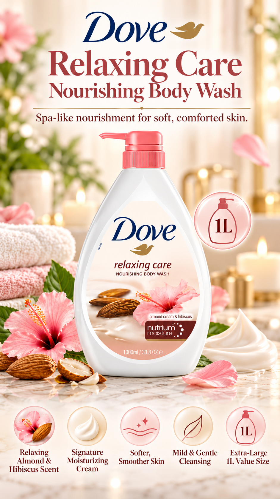 Dove Relaxing Care Body Wash - Almond Cream & Hibiscus | 1 Litre