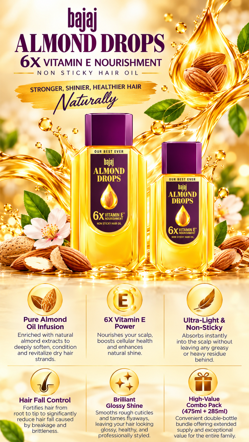 Bajaj Almond Hair Oil for Hair Fall Control & Shine - Value Pack (475ml + 285ml)