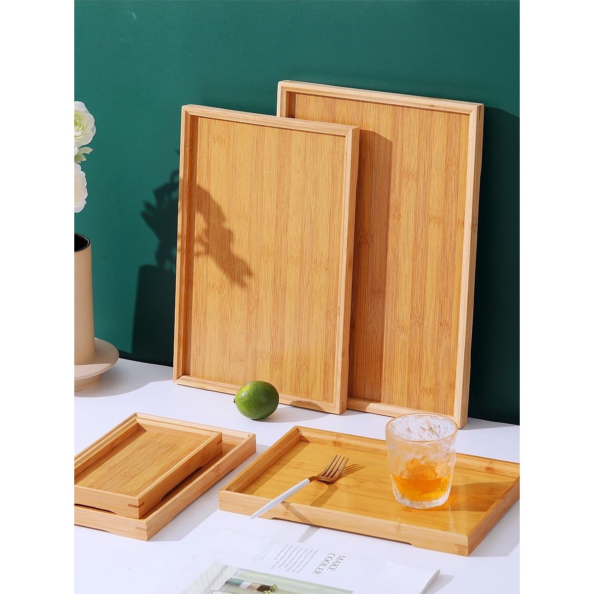 Bamboo Rectangle Serving Tray Set - Wooden Food Tray for Parties - photo 4