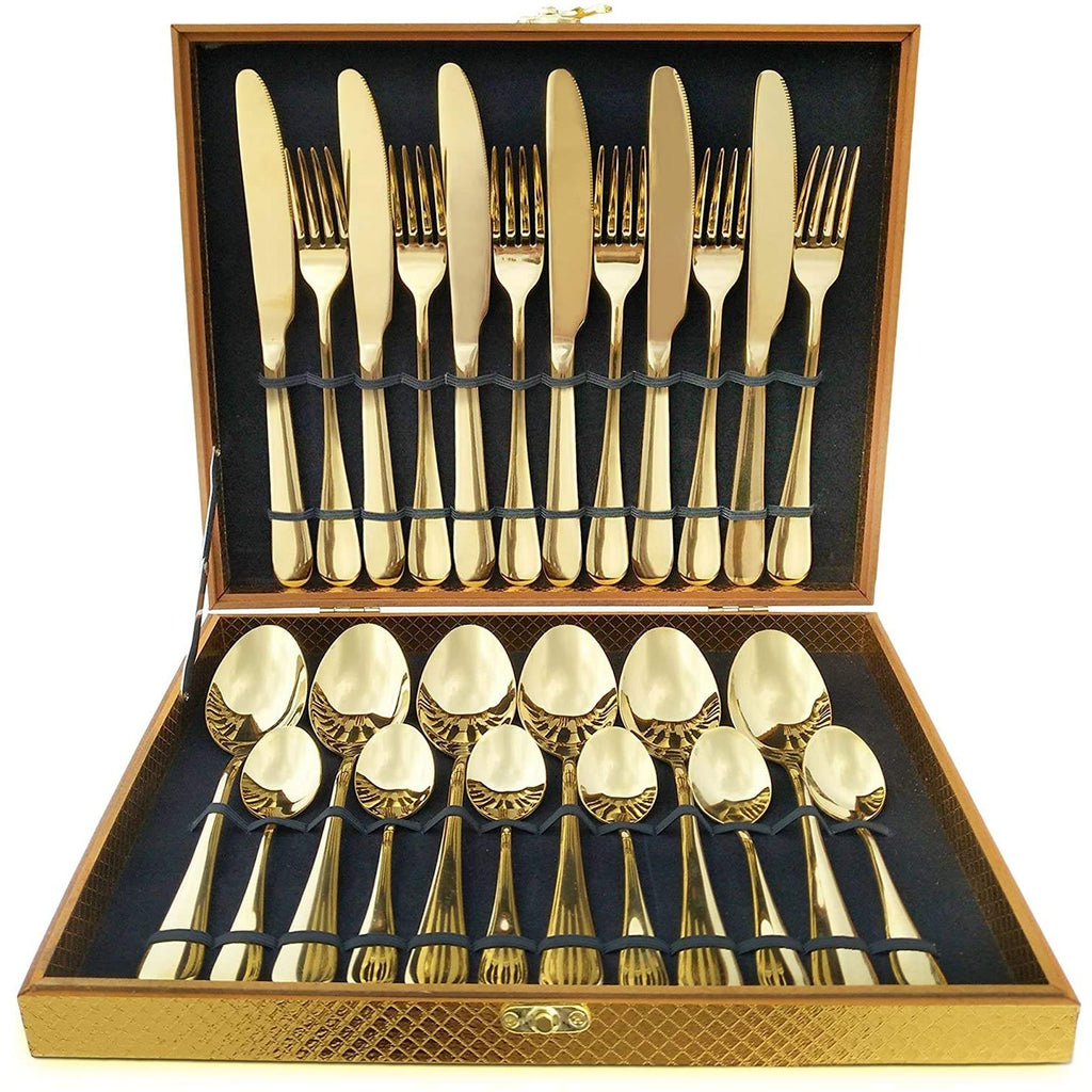 Cutlery Set Stainless Steel Knives Forks Spoons With Gift Wood Box - photo 1