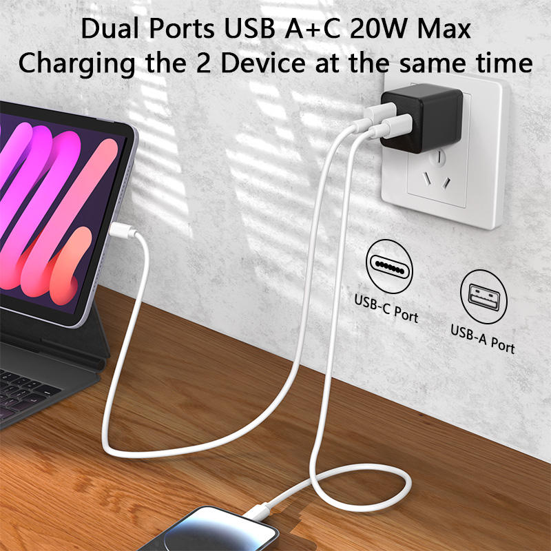 Wall Charger 20W Fast Dual Port USB-A + Type C with 1m Cable Set - photo 3