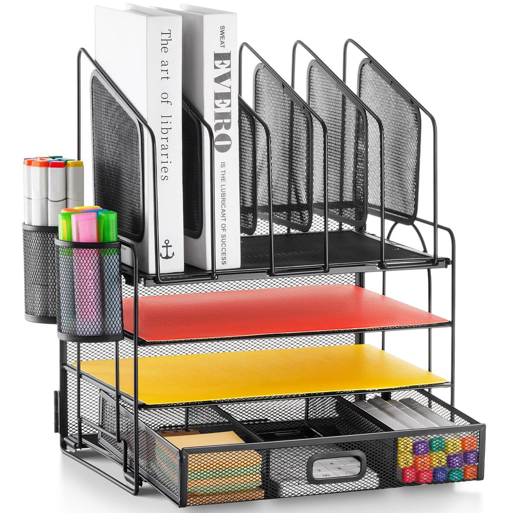 Multi-Tier Desk Organizer With Drawer – Mesh File And Pen Holder - photo 1