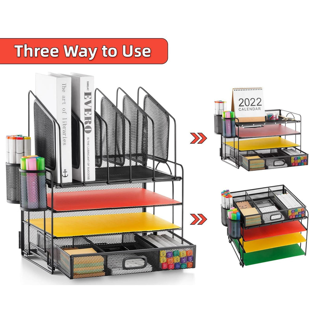 Multi-Tier Desk Organizer With Drawer – Mesh File And Pen Holder - photo 2