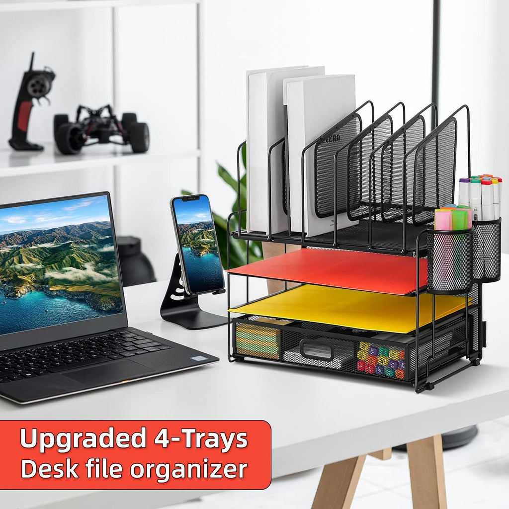 Multi-Tier Desk Organizer With Drawer – Mesh File And Pen Holder - photo 3