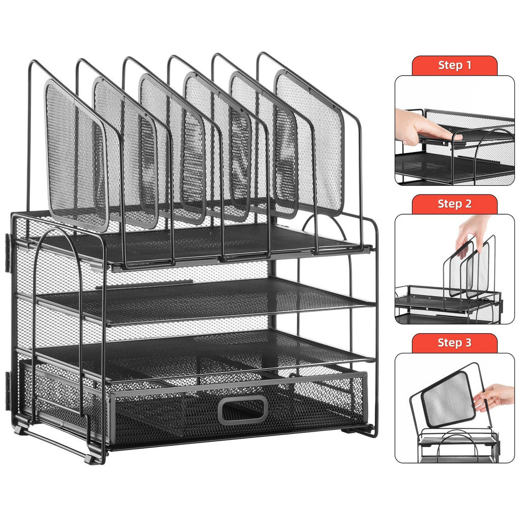 Multi-Tier Desk Organizer With Drawer – Mesh File And Pen Holder - photo 4