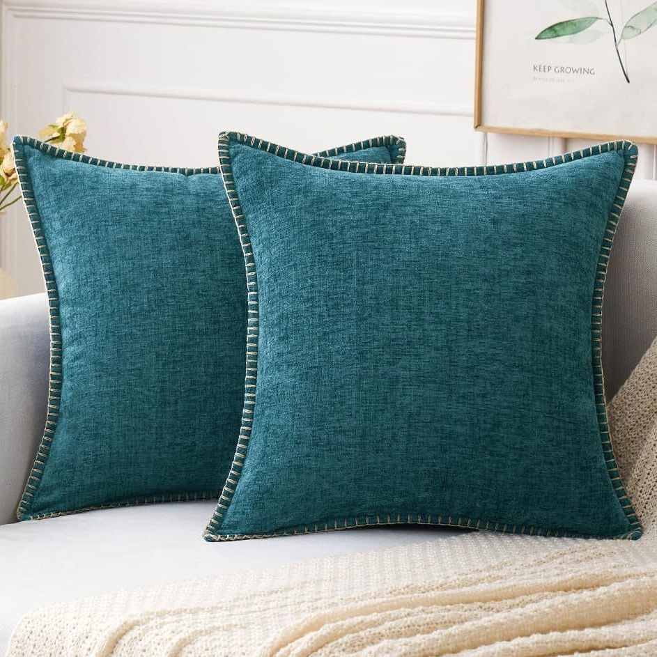 Velvet Chenille Cushion Cover Blue Farmhouse Pillow Case With Trim - photo 3