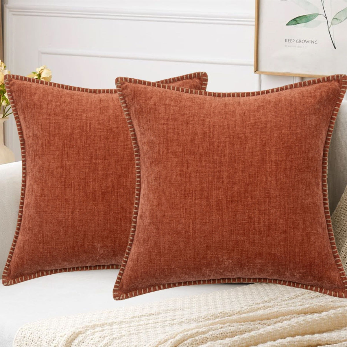 Velvet Chenille Cushion Cover Blue Farmhouse Pillow Case With Trim - photo 4