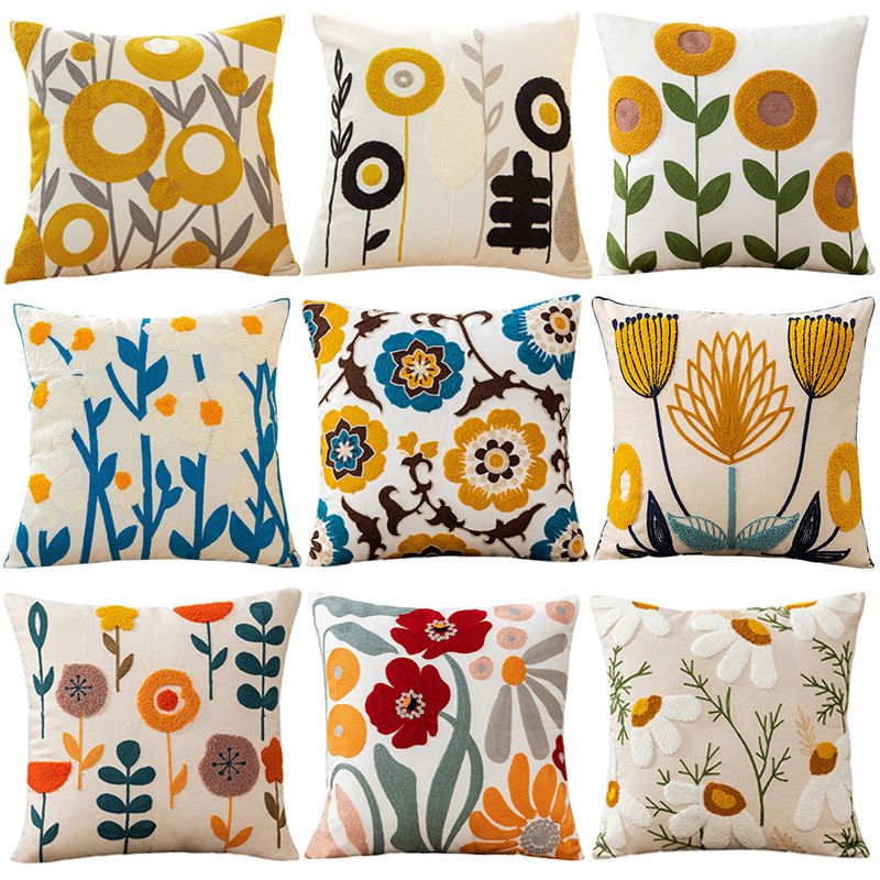 Embroidered Floral Cushion Cover - Square Cotton Sofa Accent Piece - photo 1