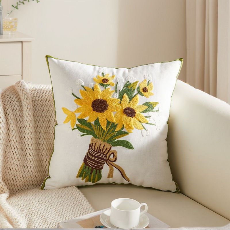 Embroidered Floral Cushion Cover - Square Cotton Sofa Accent Piece - photo 3