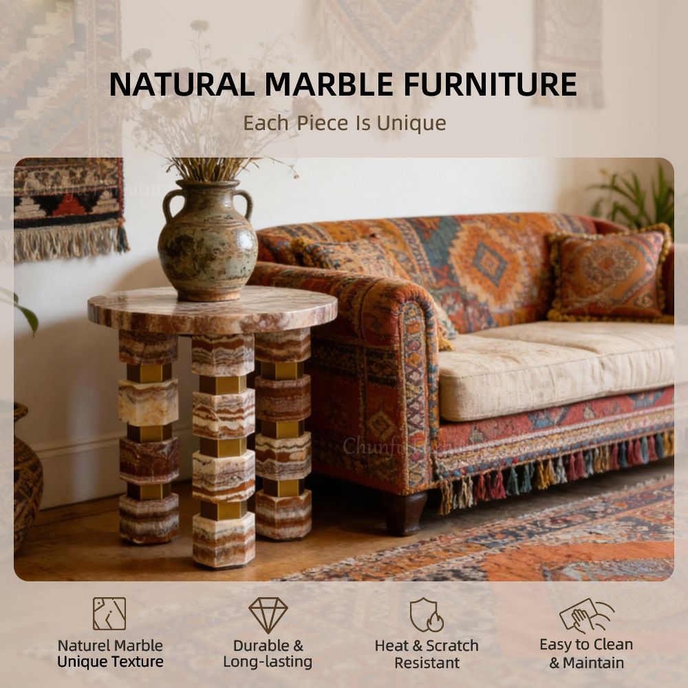 Travertine Side Table Natural Stone Top Irregular Wood End Table - photo 3