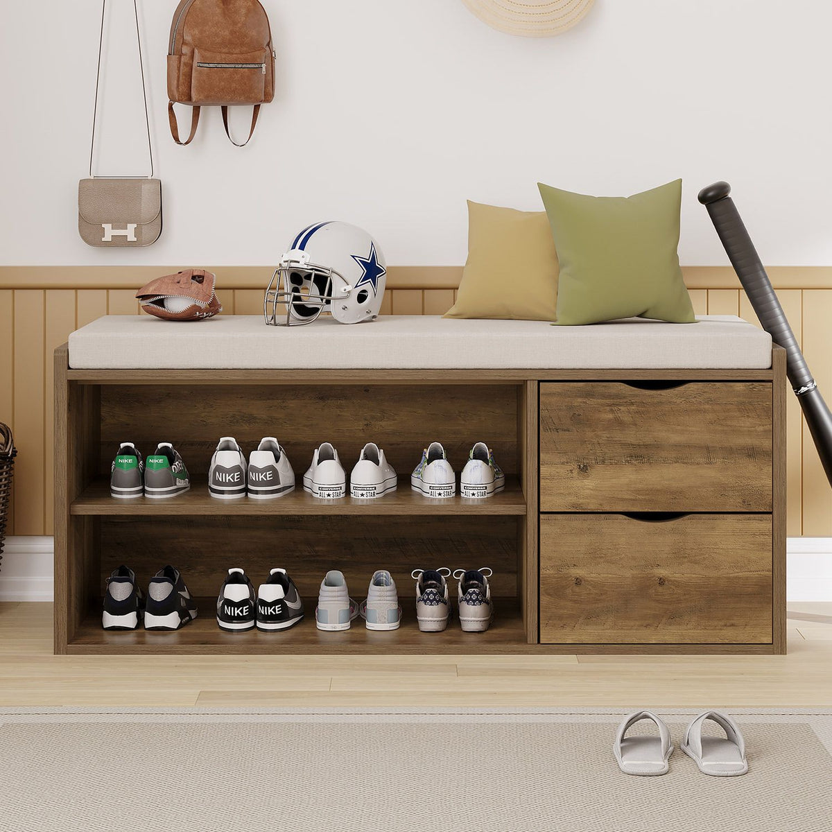 Shoe Storage Bench with Padded Seat Pullout Drawers Entryway Organizer - photo 2