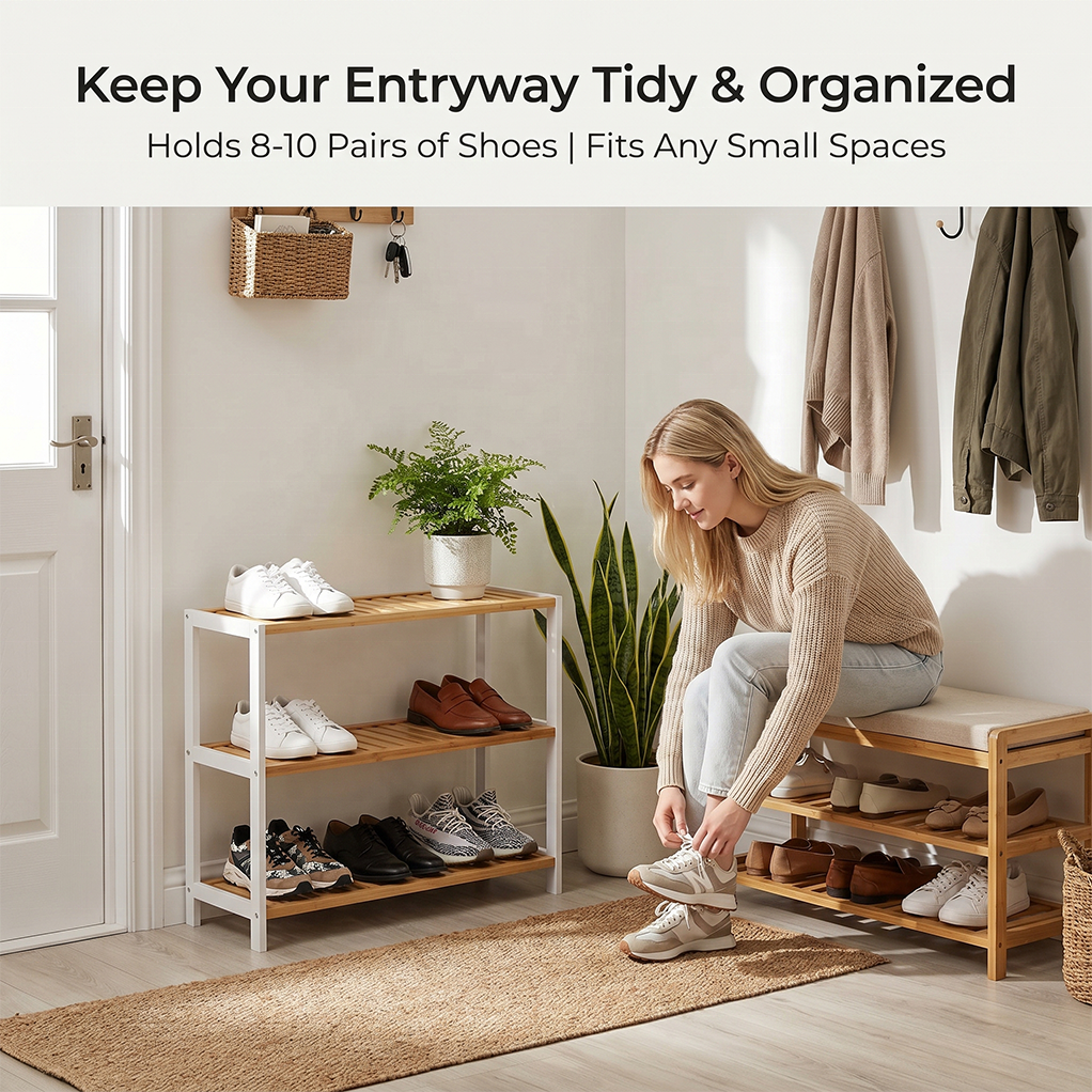 Bamboo Shoe Rack 3-Tier Space-Saving Storage for Home Entryway - photo 2