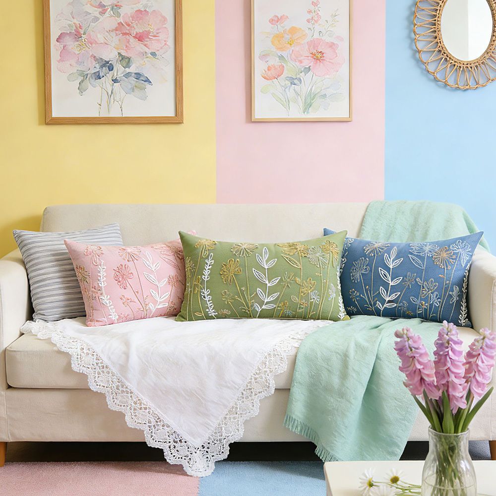 Flower Embroidered Cushion Cover Rectangle Throw Pillow Case Decor - photo 1
