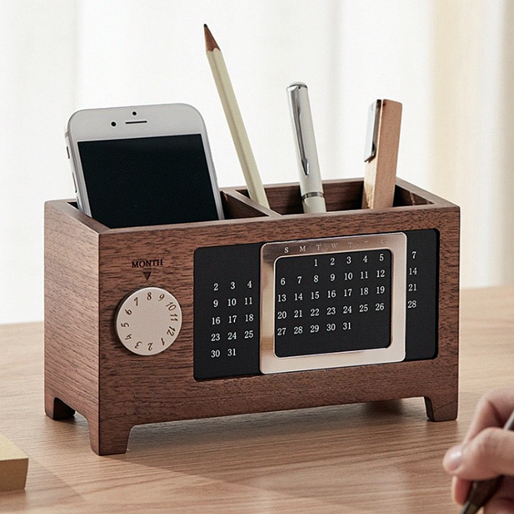 Wooden Pen Holder Desk Organizer with Calendar – 2 Compartments - photo 1