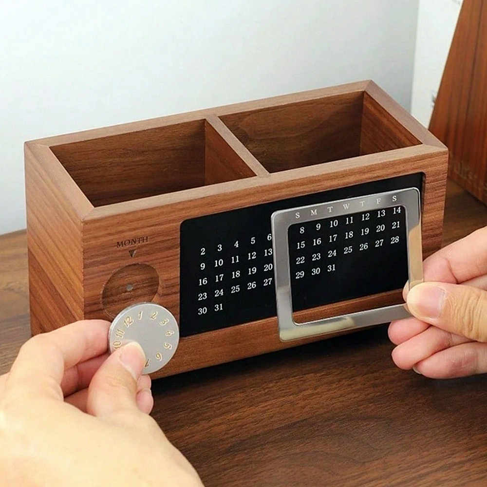 Wooden Pen Holder Desk Organizer with Calendar – 2 Compartments - photo 2