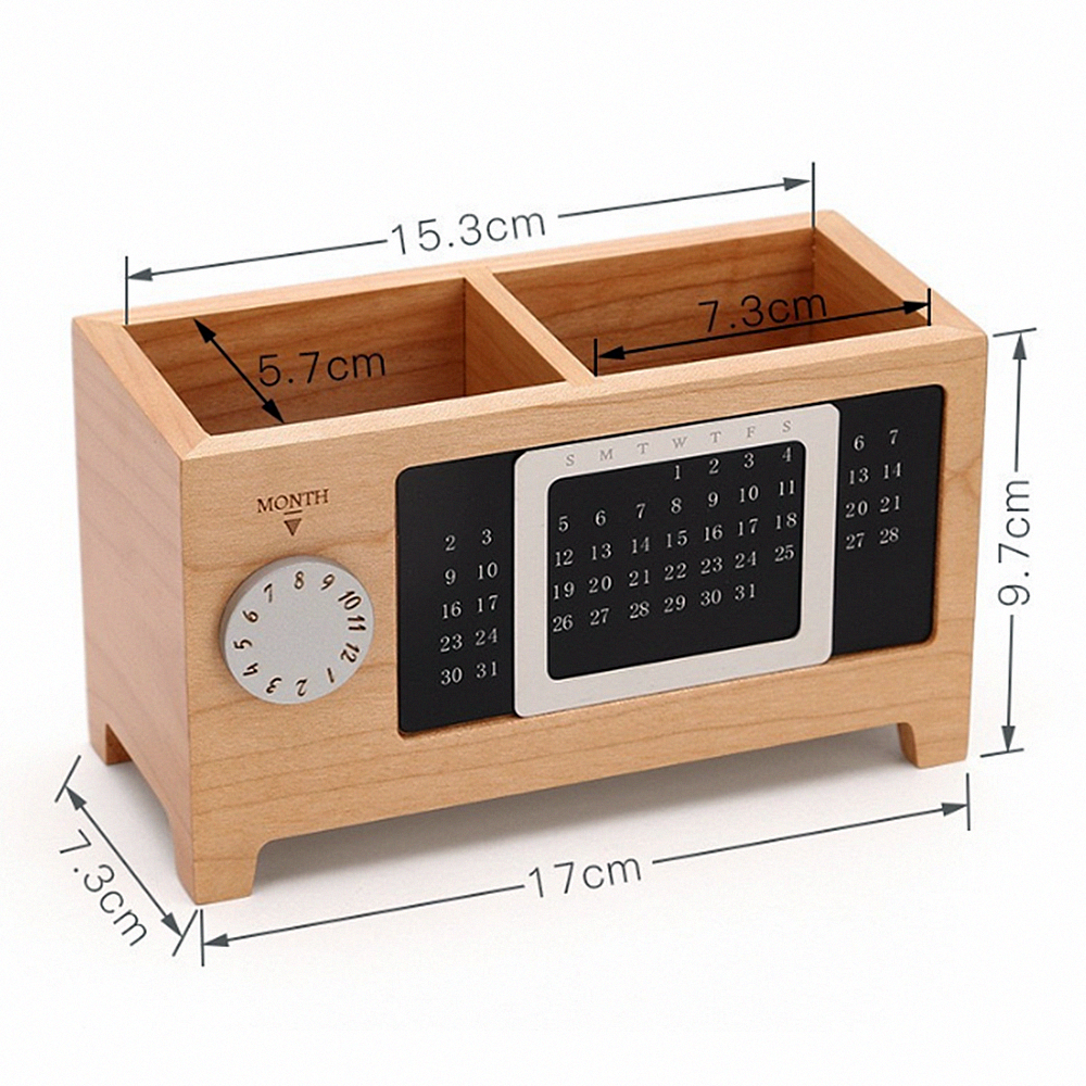 Wooden Pen Holder Desk Organizer with Calendar – 2 Compartments - photo 3