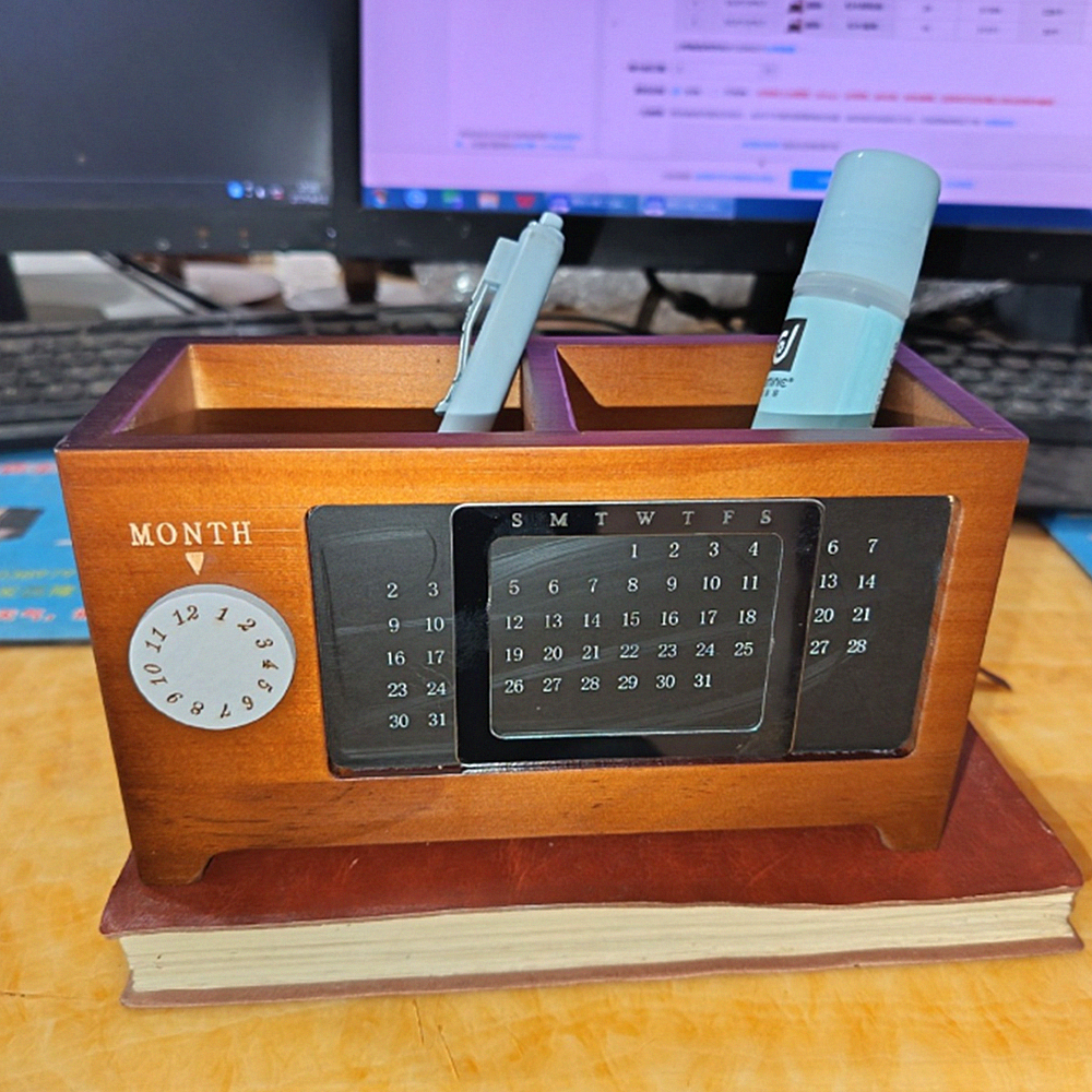 Wooden Pen Holder Desk Organizer with Calendar – 2 Compartments - photo 4