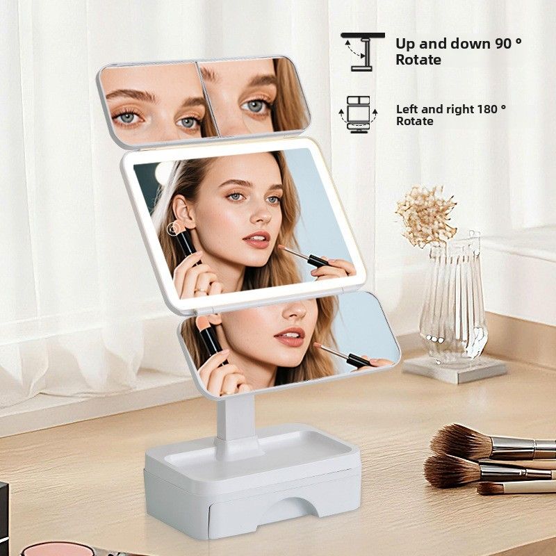 Triple-Fold LED Vanity Mirror with 10x Rotating Magnifier Light - photo 2