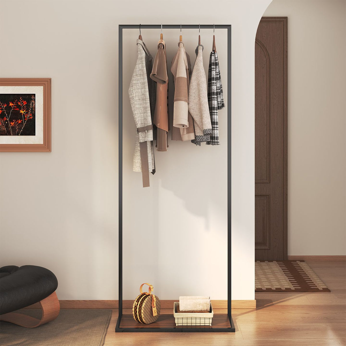 Freestanding Clothes Rack - Black Metal Garment Stand with Shelf - photo 2