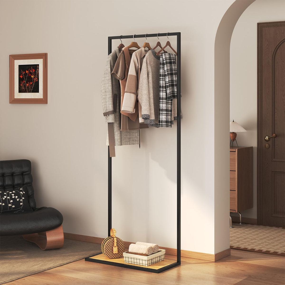 Freestanding Clothes Rack - Black Metal Garment Stand with Shelf - photo 3