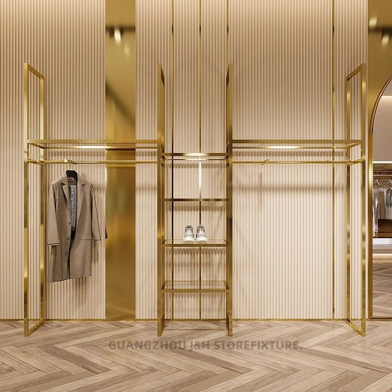 Freestanding Clothes Rack Gold Stainless Steel Display Stand - photo 2