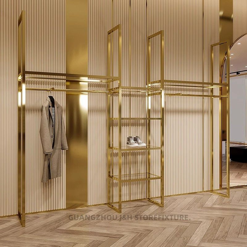 Freestanding Clothes Rack Gold Stainless Steel Display Stand - photo 3